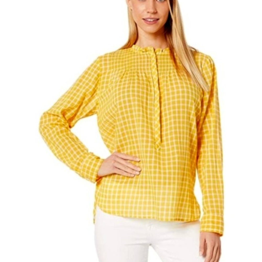 J CREW Yellow Gingham Ruffle Trim Blouse - Picture 1 of 2